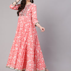 Peach Pure Cotton Floral Round Neck Anarkali Kurta, Pant & Dupatta Set For Women Mizaz Jaipur