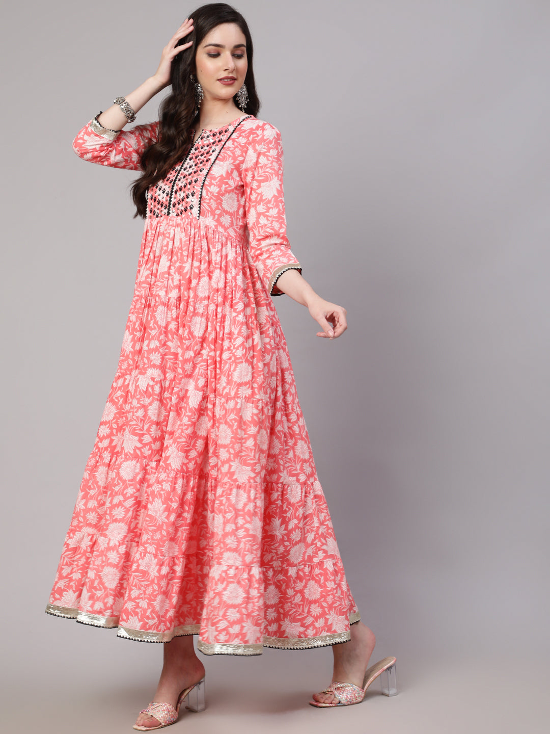 Peach Pure Cotton Floral Round Neck Anarkali Kurta, Pant & Dupatta Set For Women Mizaz Jaipur
