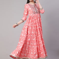 Peach Pure Cotton Floral Round Neck Anarkali Kurta, Pant & Dupatta Set For Women Mizaz Jaipur