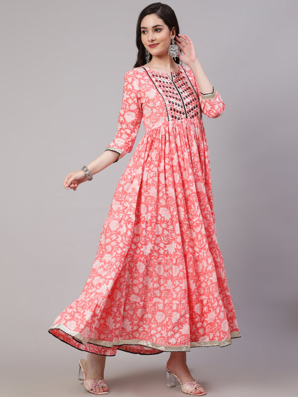 Peach Pure Cotton Floral Round Neck Anarkali Kurta, Pant & Dupatta Set For Women Mizaz Jaipur