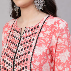 Peach Pure Cotton Floral Round Neck Anarkali Kurta, Pant & Dupatta Set For Women Mizaz Jaipur