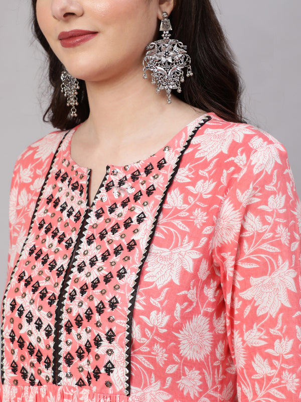 Peach Pure Cotton Floral Round Neck Anarkali Kurta, Pant & Dupatta Set For Women Mizaz Jaipur