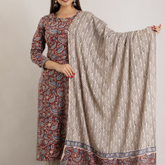 Maroon Pure Cotton Floral Round Neck Straight Kurta, Pant & Dupatta Set For Women Mizaz Jaipur