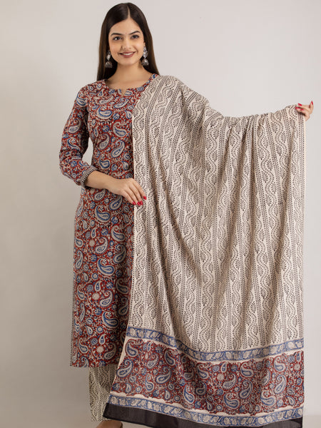 Maroon Pure Cotton Floral Round Neck Straight Kurta, Pant & Dupatta Set For Women Mizaz Jaipur