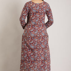 Maroon Pure Cotton Floral Round Neck Straight Kurta, Pant & Dupatta Set For Women Mizaz Jaipur