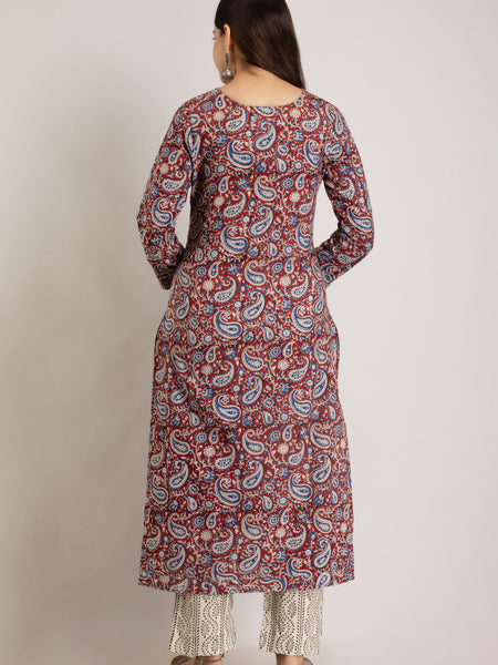 Maroon Pure Cotton Floral Round Neck Straight Kurta, Pant & Dupatta Set For Women Mizaz Jaipur