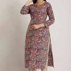 Maroon Pure Cotton Floral Round Neck Straight Kurta, Pant & Dupatta Set For Women Mizaz Jaipur