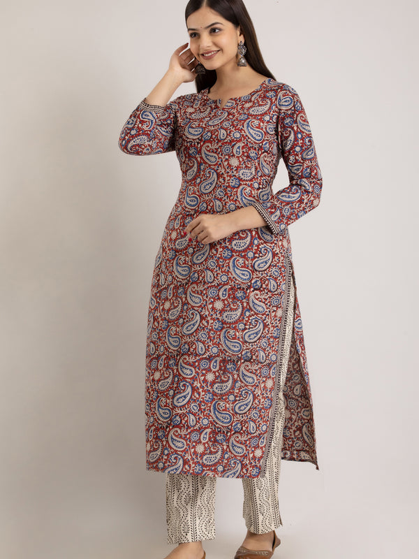 Maroon Pure Cotton Floral Round Neck Straight Kurta, Pant & Dupatta Set For Women Mizaz Jaipur