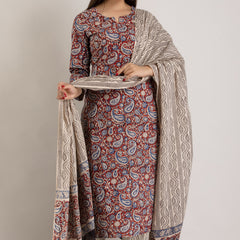 Maroon Pure Cotton Floral Round Neck Straight Kurta, Pant & Dupatta Set For Women Mizaz Jaipur