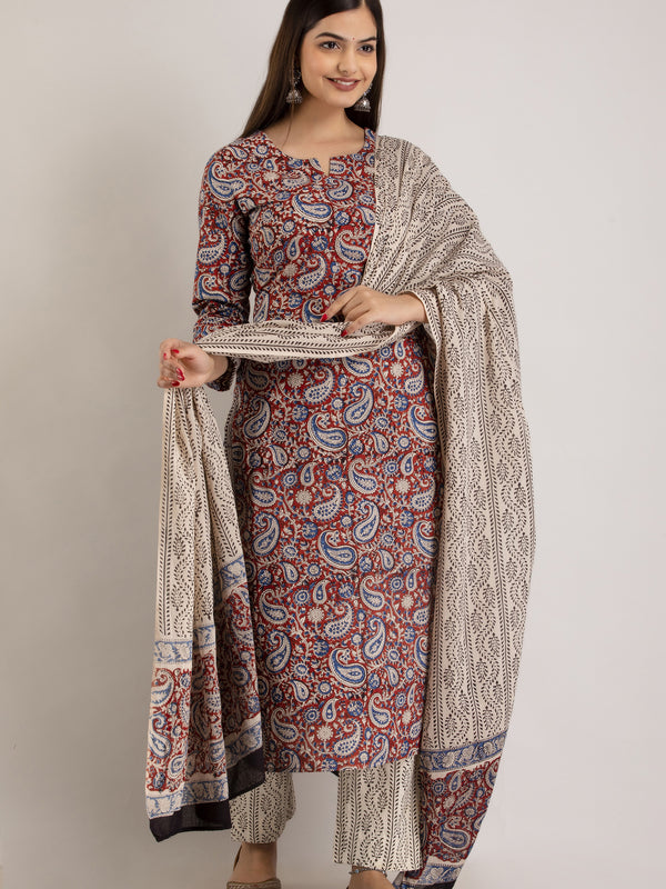 Maroon Pure Cotton Floral Round Neck Straight Kurta, Pant & Dupatta Set For Women Mizaz Jaipur