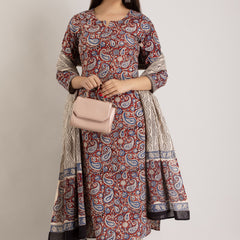 Maroon Pure Cotton Floral Round Neck Straight Kurta, Pant & Dupatta Set For Women Mizaz Jaipur