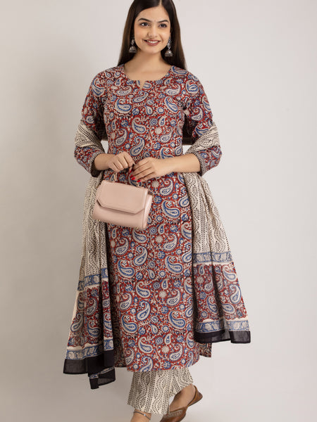 Maroon Pure Cotton Floral Round Neck Straight Kurta, Pant & Dupatta Set For Women Mizaz Jaipur