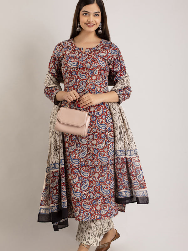 Maroon Pure Cotton Floral Round Neck Straight Kurta, Pant & Dupatta Set For Women Mizaz Jaipur