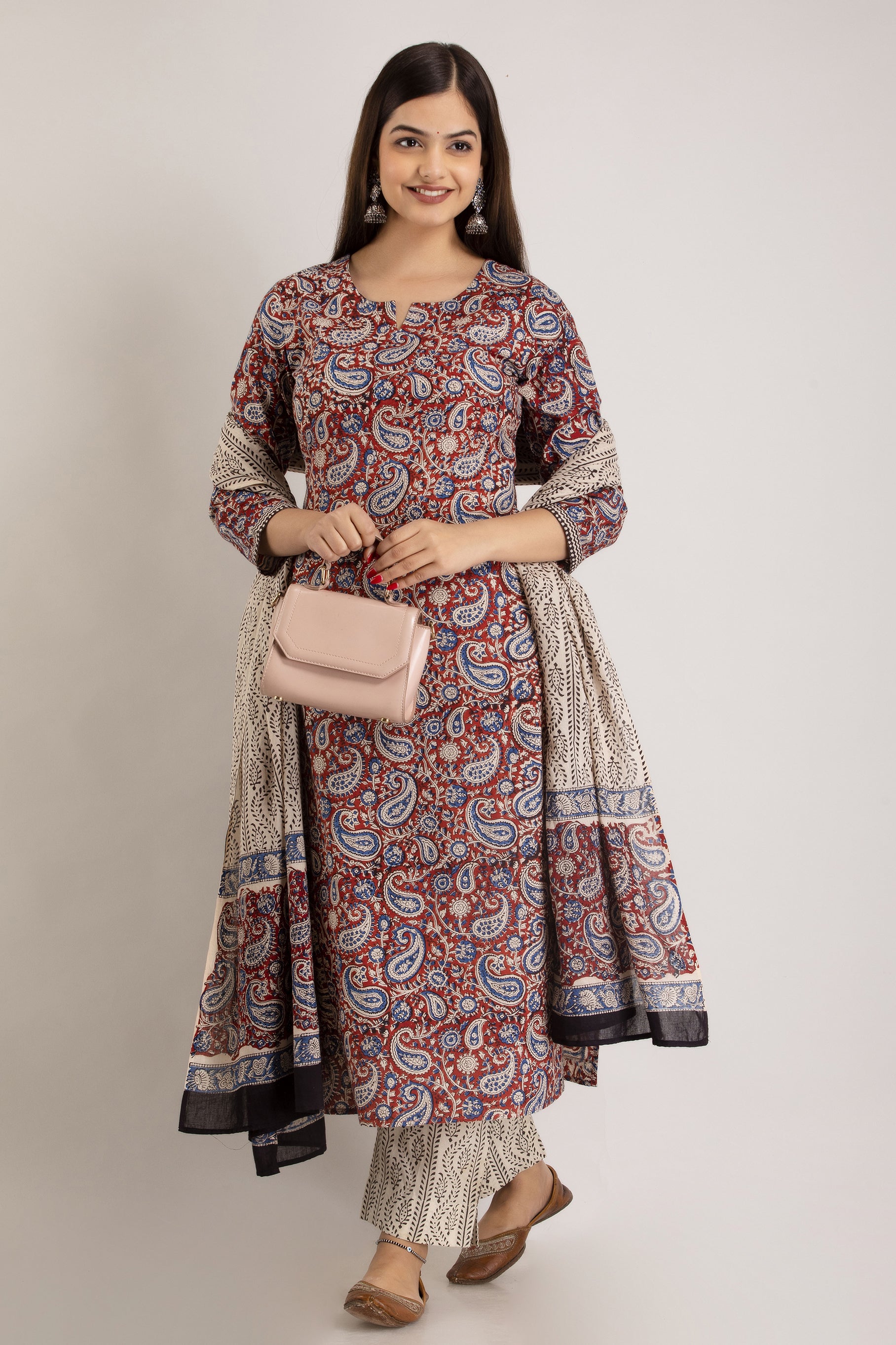 Maroon Pure Cotton Floral Round Neck Straight Kurta, Pant & Dupatta Set For Women Mizaz Jaipur
