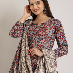 Maroon Pure Cotton Floral Round Neck Straight Kurta, Pant & Dupatta Set For Women Mizaz Jaipur