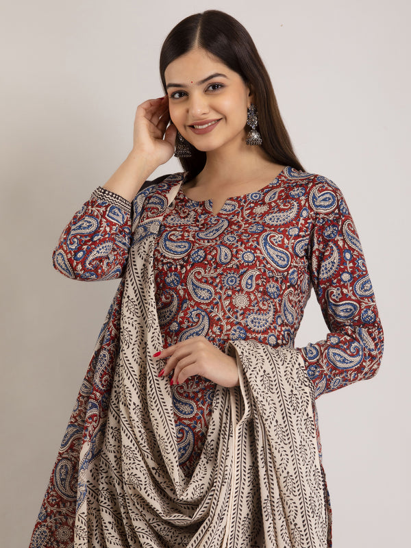Maroon Pure Cotton Floral Round Neck Straight Kurta, Pant & Dupatta Set For Women Mizaz Jaipur