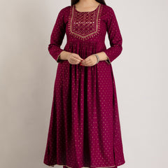 Maroon Viscose Rayon Embroidered Round Neck A-Line Kurta & Pant For Women Mizaz Jaipur