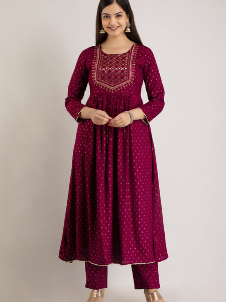 Maroon Viscose Rayon Embroidered Round Neck A-Line Kurta & Pant For Women Mizaz Jaipur