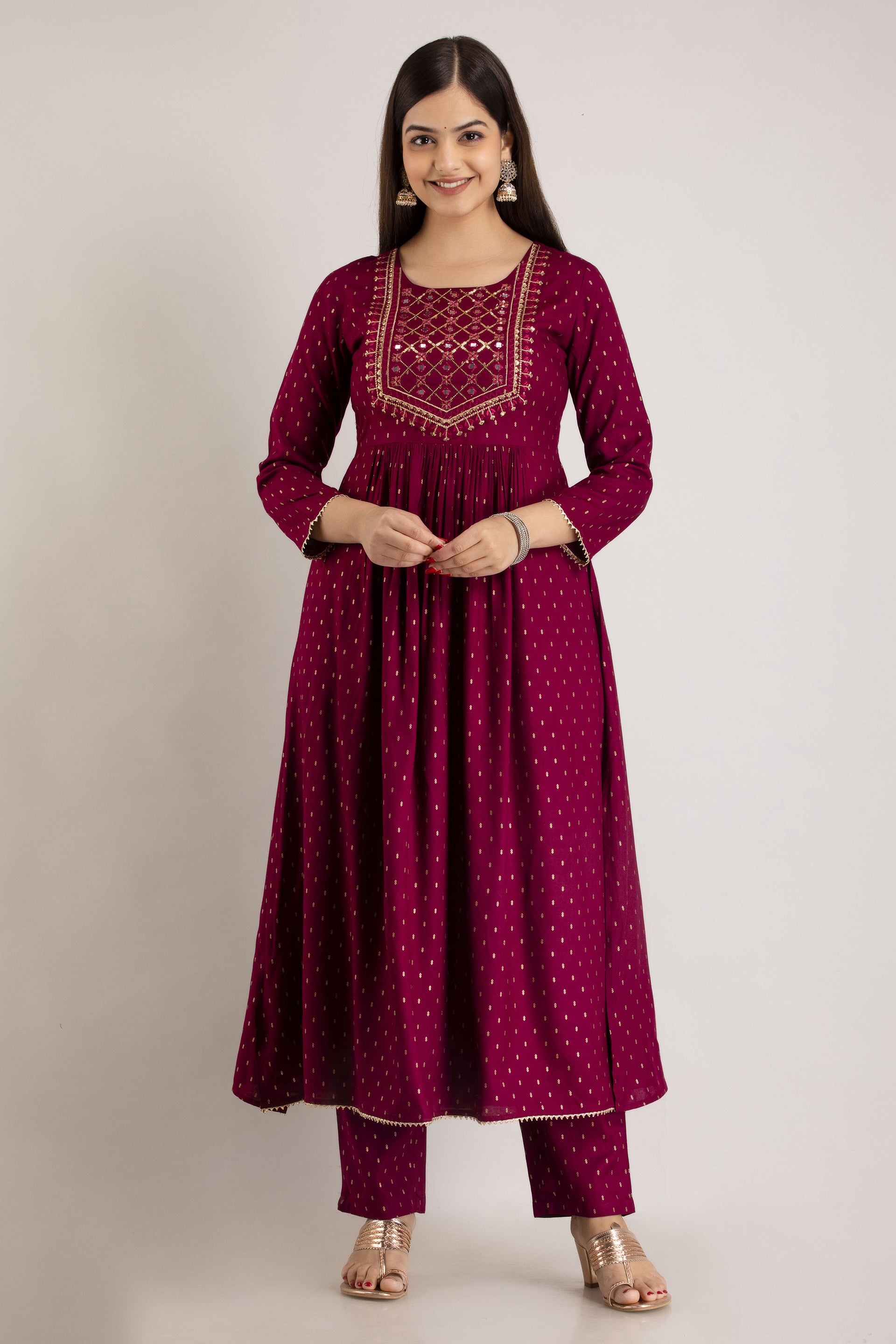 Maroon Viscose Rayon Embroidered Round Neck A-Line Kurta & Pant For Women Mizaz Jaipur