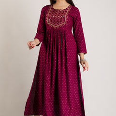 Maroon Viscose Rayon Embroidered Round Neck A-Line Kurta & Pant For Women Mizaz Jaipur