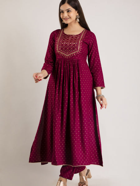 Maroon Viscose Rayon Embroidered Round Neck A-Line Kurta & Pant For Women Mizaz Jaipur