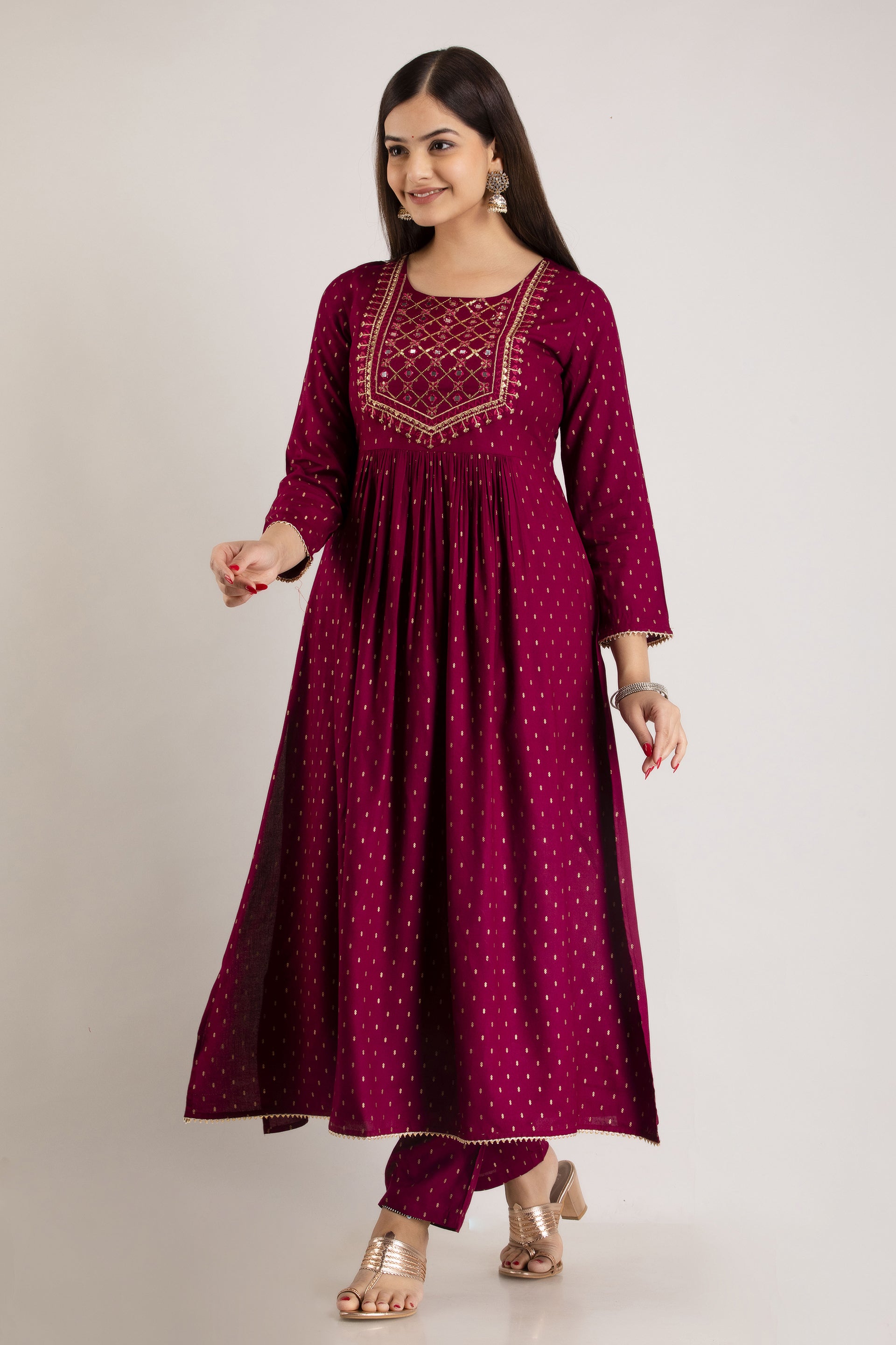 Maroon Viscose Rayon Embroidered Round Neck A-Line Kurta & Pant For Women Mizaz Jaipur