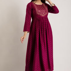 Maroon Viscose Rayon Embroidered Round Neck A-Line Kurta & Pant For Women Mizaz Jaipur