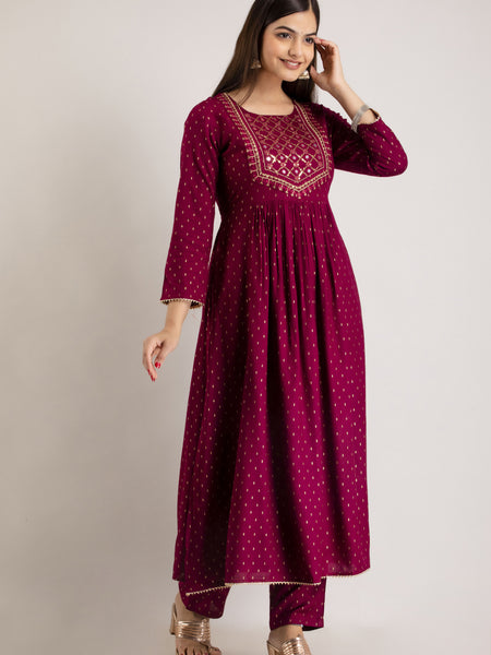 Maroon Viscose Rayon Embroidered Round Neck A-Line Kurta & Pant For Women Mizaz Jaipur