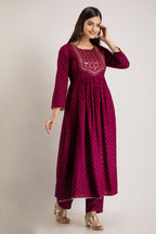 Maroon Viscose Rayon Embroidered Round Neck A-Line Kurta & Pant For Women Mizaz Jaipur