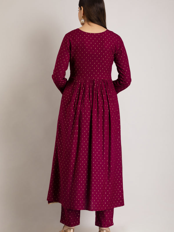 Maroon Viscose Rayon Embroidered Round Neck A-Line Kurta & Pant For Women Mizaz Jaipur