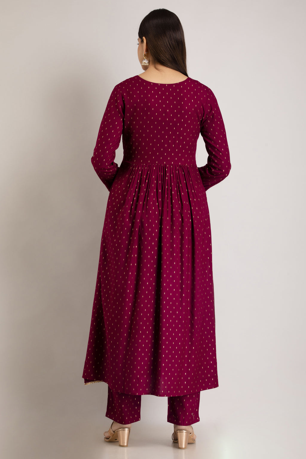 Maroon Viscose Rayon Embroidered Round Neck A-Line Kurta & Pant For Women Mizaz Jaipur