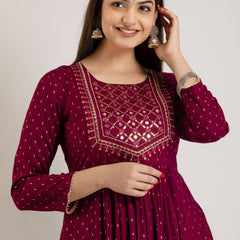 Maroon Viscose Rayon Embroidered Round Neck A-Line Kurta & Pant For Women Mizaz Jaipur