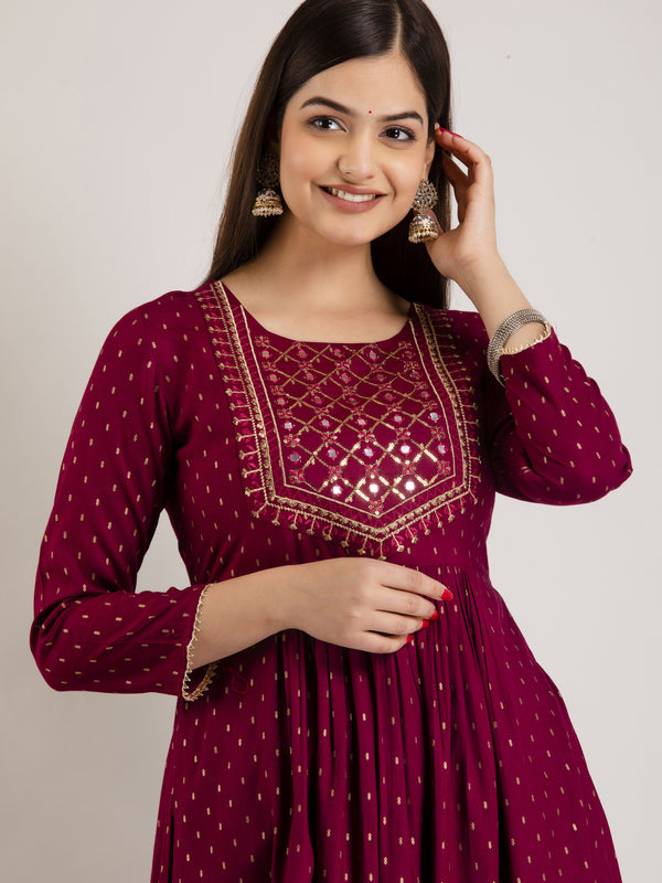 Maroon Viscose Rayon Embroidered Round Neck A-Line Kurta & Pant For Women Mizaz Jaipur