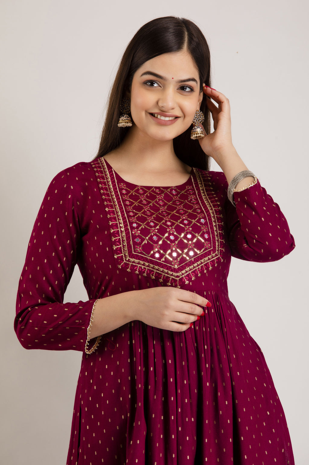 Maroon Viscose Rayon Embroidered Round Neck A-Line Kurta & Pant For Women Mizaz Jaipur