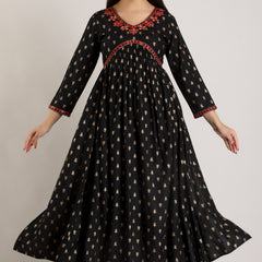 Black Viscose Rayon Embroidered Round Neck A-Line Kurta & Pant For Women Mizaz Jaipur
