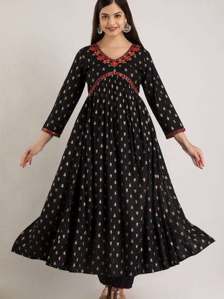 Black Viscose Rayon Embroidered Round Neck A-Line Kurta & Pant For Women Mizaz Jaipur