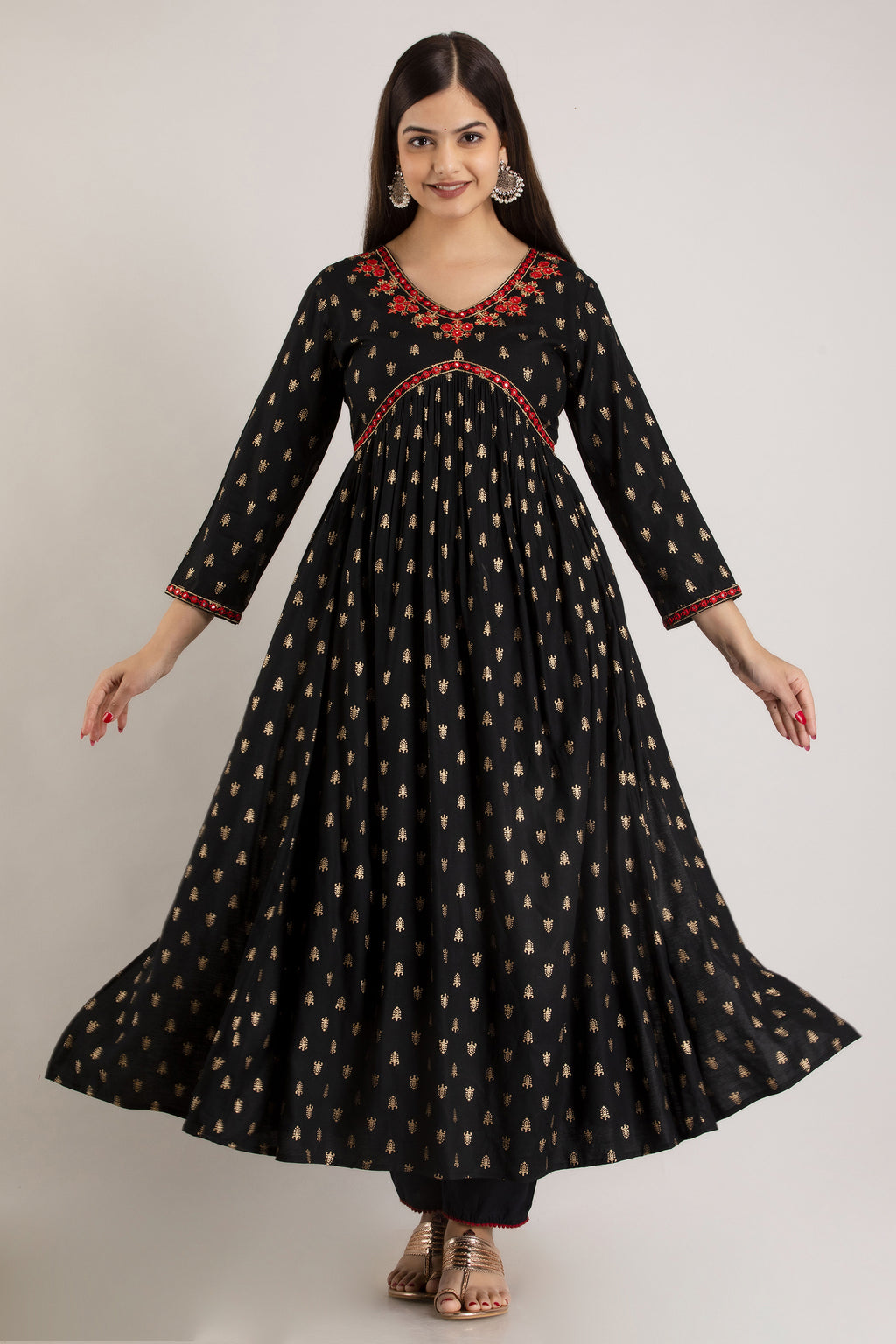 Black Viscose Rayon Embroidered Round Neck A-Line Kurta & Pant For Women Mizaz Jaipur