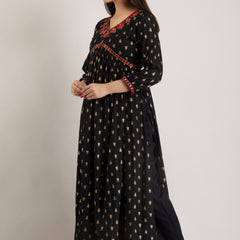 Black Viscose Rayon Embroidered Round Neck A-Line Kurta & Pant For Women Mizaz Jaipur
