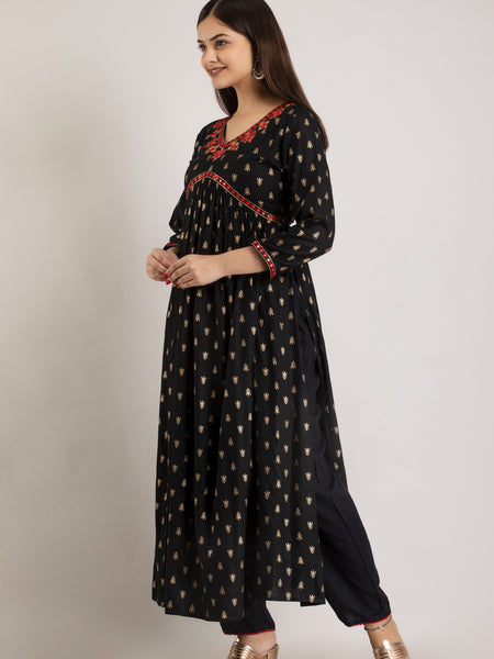 Black Viscose Rayon Embroidered Round Neck A-Line Kurta & Pant For Women Mizaz Jaipur