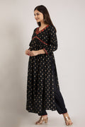 Black Viscose Rayon Embroidered Round Neck A-Line Kurta & Pant For Women Mizaz Jaipur