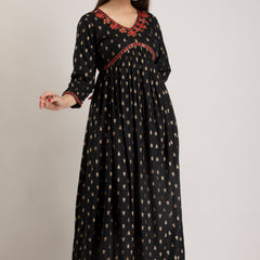 Black Viscose Rayon Embroidered Round Neck A-Line Kurta & Pant For Women Mizaz Jaipur