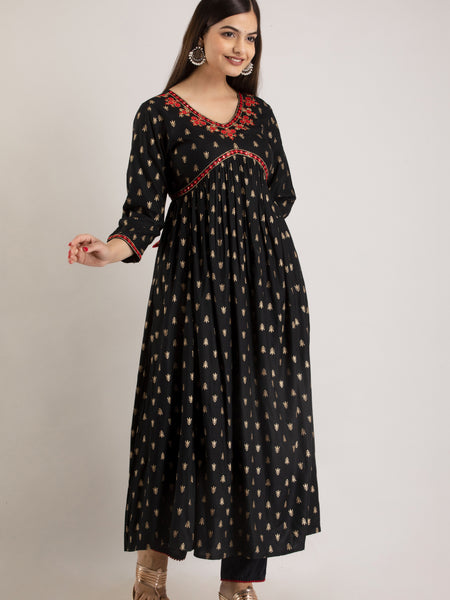 Black Viscose Rayon Embroidered Round Neck A-Line Kurta & Pant For Women Mizaz Jaipur