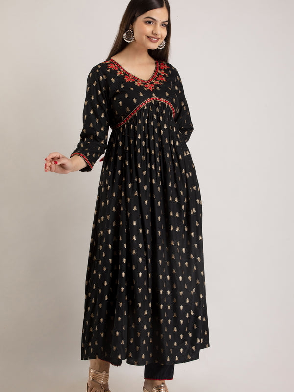 Black Viscose Rayon Embroidered Round Neck A-Line Kurta & Pant For Women Mizaz Jaipur