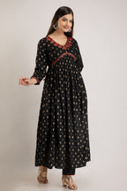 Black Viscose Rayon Embroidered Round Neck A-Line Kurta & Pant For Women Mizaz Jaipur