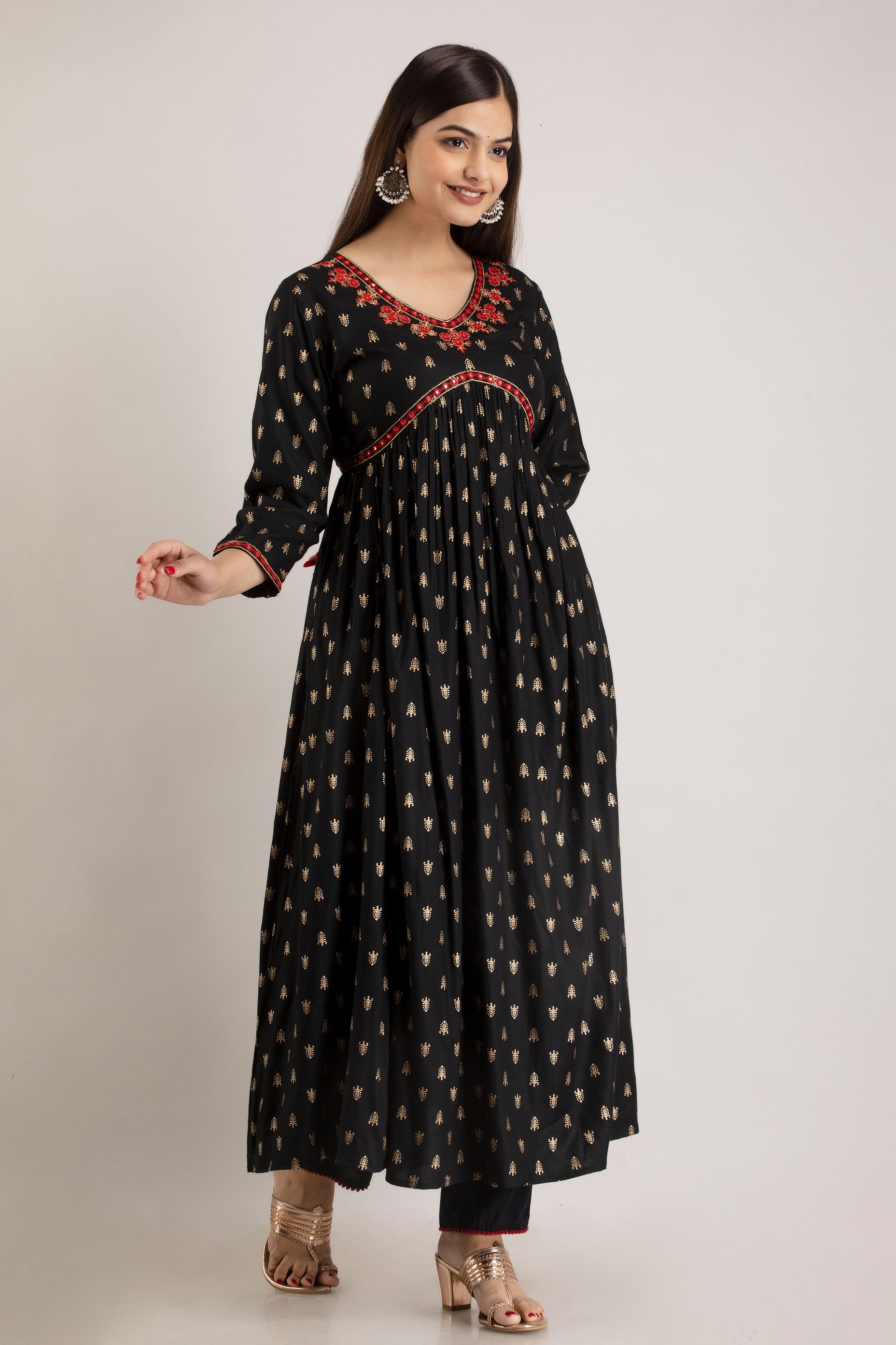Black Viscose Rayon Embroidered Round Neck A-Line Kurta & Pant For Women Mizaz Jaipur