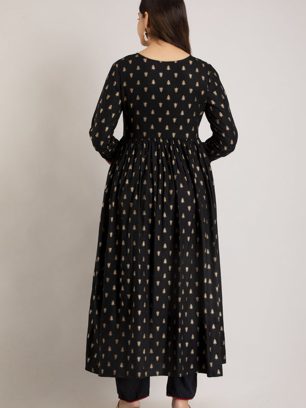 Black Viscose Rayon Embroidered Round Neck A-Line Kurta & Pant For Women Mizaz Jaipur