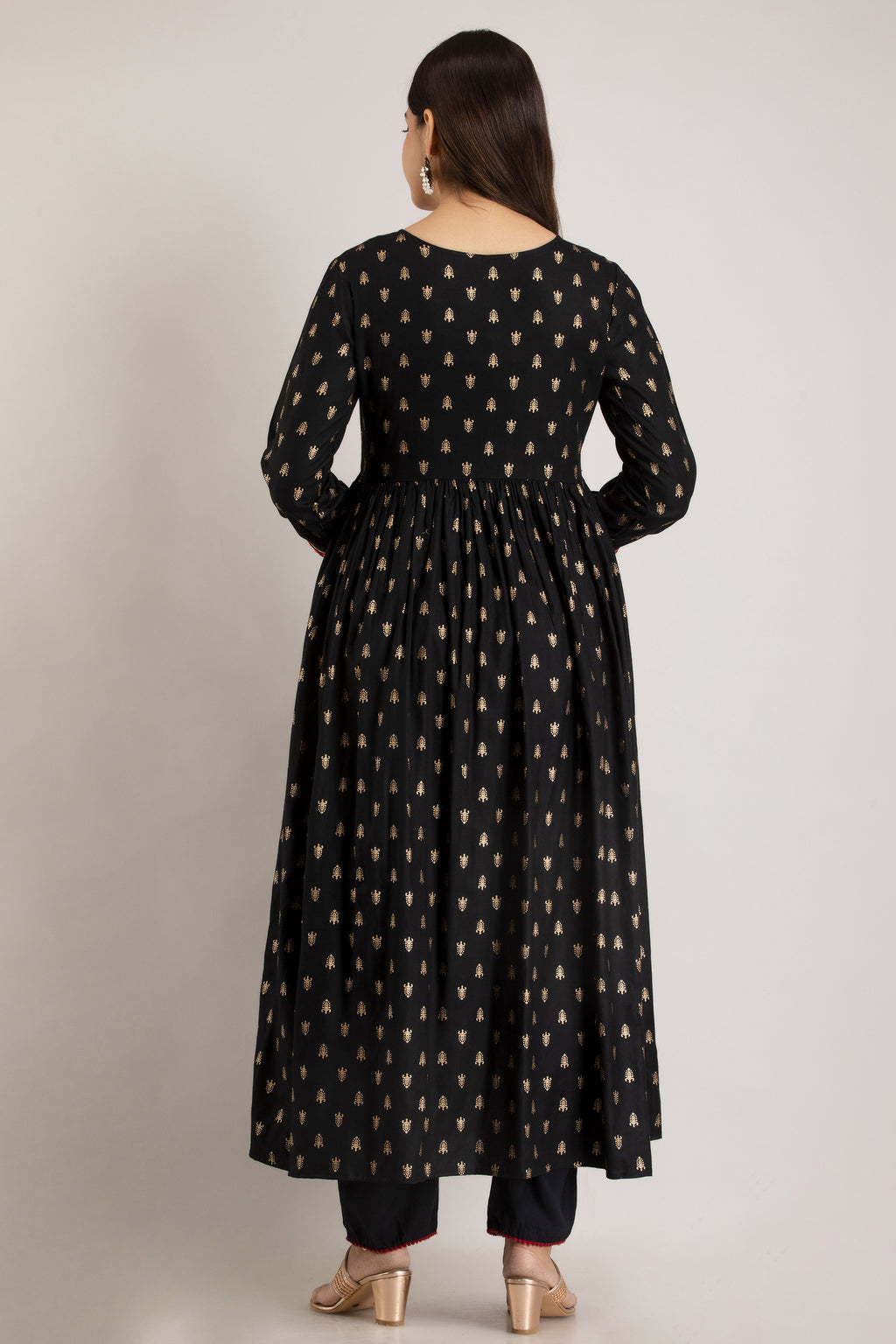 Black Viscose Rayon Embroidered Round Neck A-Line Kurta & Pant For Women Mizaz Jaipur