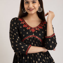 Black Viscose Rayon Embroidered Round Neck A-Line Kurta & Pant For Women Mizaz Jaipur