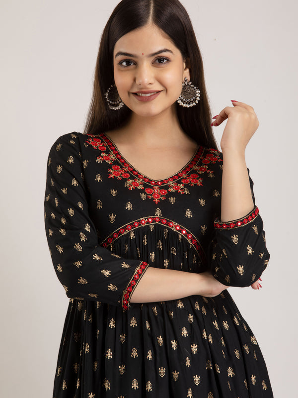 Black Viscose Rayon Embroidered Round Neck A-Line Kurta & Pant For Women Mizaz Jaipur