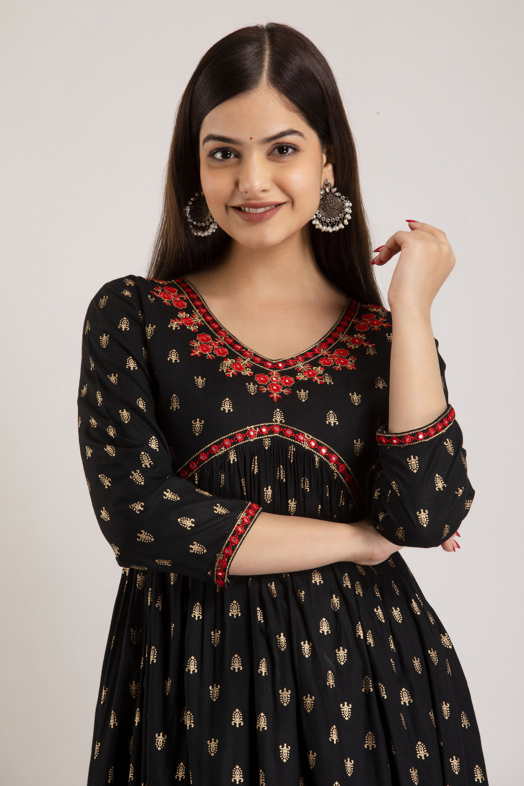 Black Viscose Rayon Embroidered Round Neck A-Line Kurta & Pant For Women Mizaz Jaipur